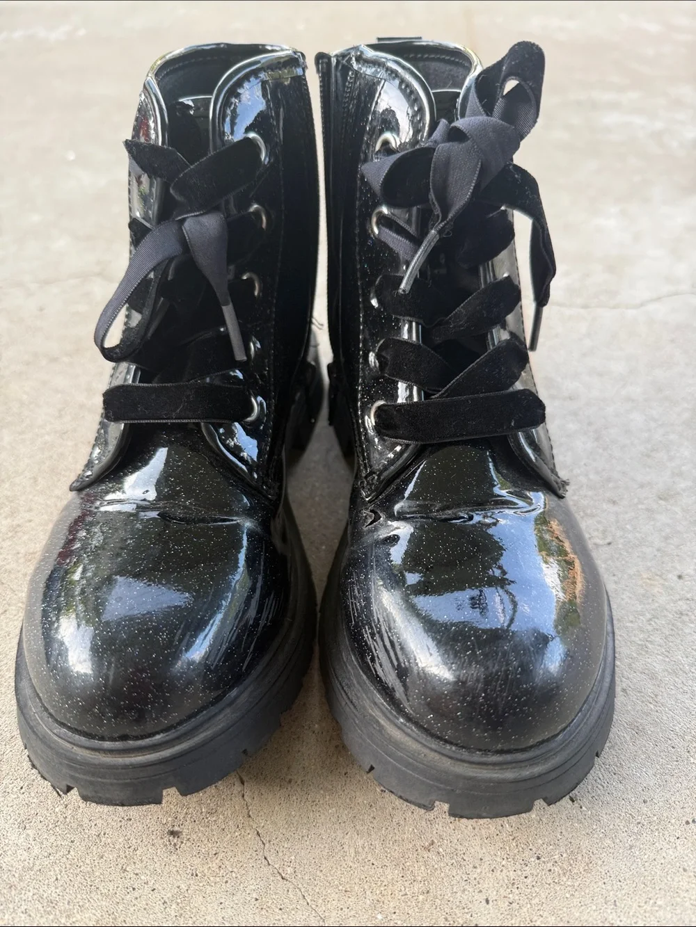 Kids Black Patent Combat Boots